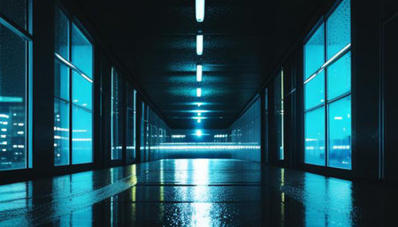 3d rendering. Futuristic hallway with glowing lights and reflections.の写真素材