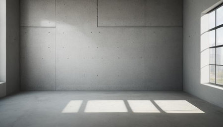 Empty room with concrete wall and sunlight. 3d render illustration.