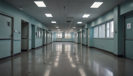 Interior of an empty hospital corridor with blue walls and white floorの写真素材