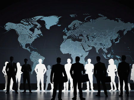 Silhouettes of business people in front of world map on dark background