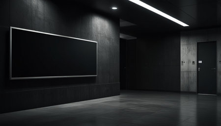 3d rendering of empty room with blank black billboard in the middleの写真素材