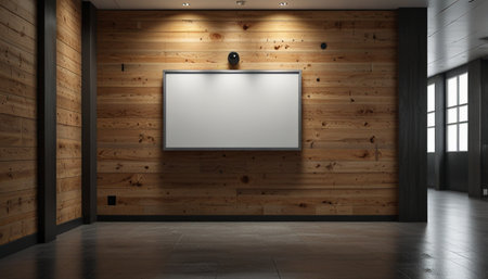 Blank billboard on wooden wall in modern office. 3D renderingの写真素材