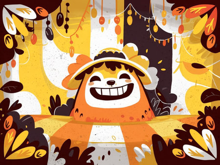 Cute cartoon monster in hat and scarf. Halloween vector illustration.の写真素材