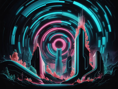 Abstract futuristic city background with neon lights. 3D Rendering.の写真素材