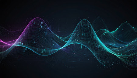 abstract technology background, wave lines and glowing particles, vector illustration
