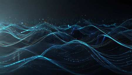 3D illustration of abstract digital particles wave flowing in the dark backgroundの写真素材