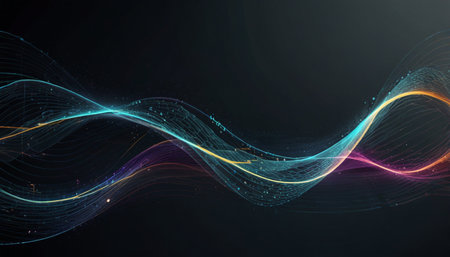 Abstract background with glowing particles, wave lines and bokeh effect