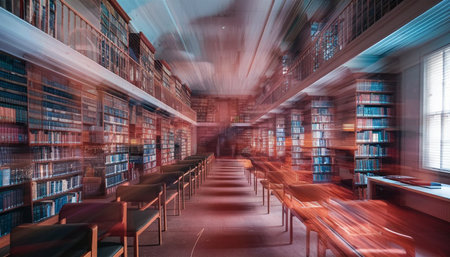 Digital composite of Long exposure of bookshelves in a public libraryの写真素材