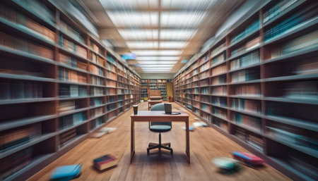 A long exposure shot of a library with bookshelves and a tableの写真素材