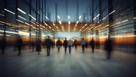 Blurred image of business people walking in the lobby of a modern office buildingの写真素材