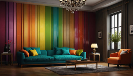 Interior of modern living room with colorful wall - 3D Rendering