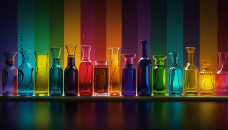 Laboratory glassware on colorful striped background. 3d illustration.の写真素材