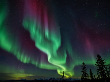 Aurora borealis, northern light in the sky over mountainsの写真素材