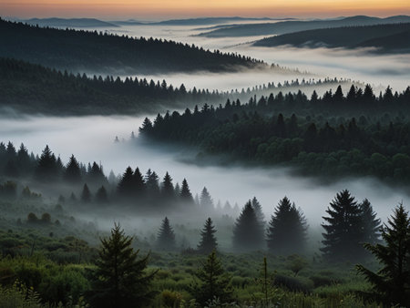 Foggy morning in the Carpathian mountains, Ukraine.の写真素材