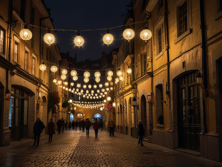 Narrow street in the old town of Prague at night, Czech Republicの写真素材