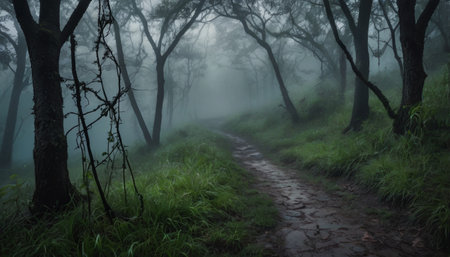 Path in the forest with fog in the morning, Doi Inthanon National Park, Chiang Mai, Thailandの写真素材