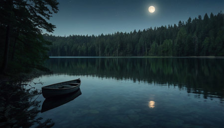 Fisherman boat on the lake at night with full moon.