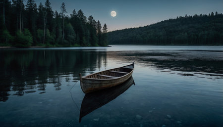 Boat on the lake at night with full moon and reflection in waterの写真素材