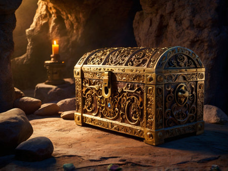 Treasure chest with candle light in the cave. Vintage style.の写真素材