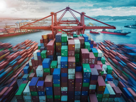 Container Cargo freight ship with working crane bridge for Logistic Import Export background