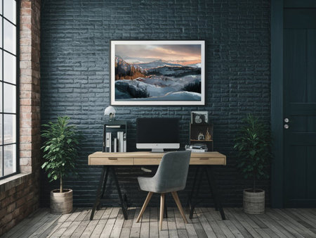 Modern workplace with computer on wooden table in loft interior. Mock up, 3D Rendering