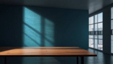 Wooden table in empty room with window and city view. 3D Renderingの写真素材
