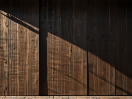 Wooden wall with shadow from the sun. Wood texture background.の写真素材