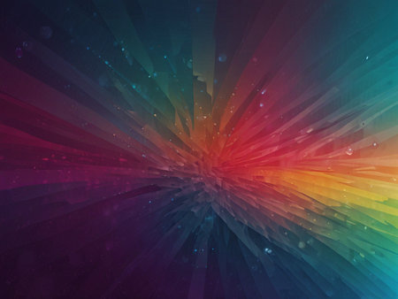 abstract background with multicolored rays and sparkles on a dark backgroundの写真素材