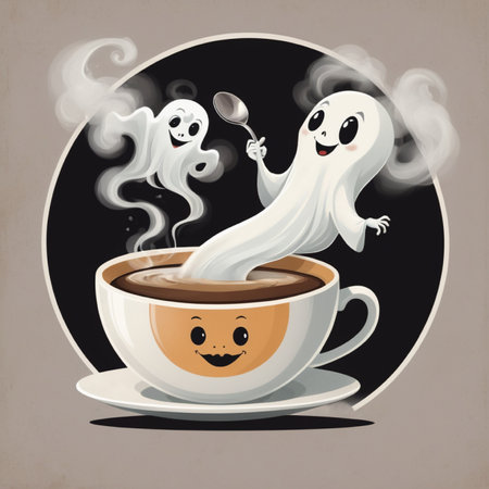Coffee cup with ghost and steam on dark background. Vector illustration.の写真素材