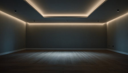 Empty room with white lights, 3d render, square image.の写真素材