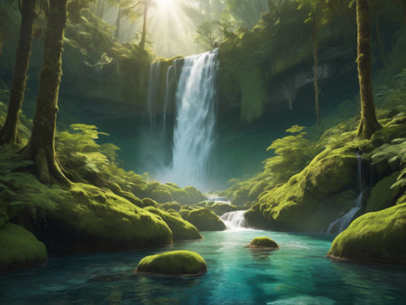 Beautiful waterfall in jungle with sunbeams. 3d renderingの写真素材