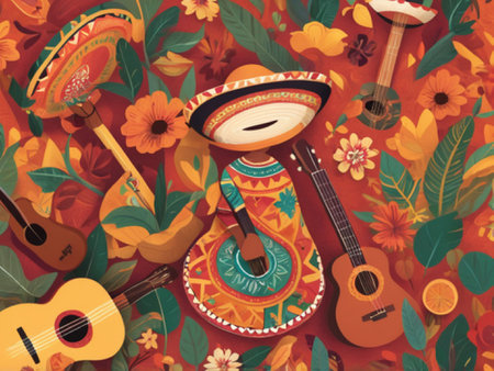 Mexican sombrero, guitarcas and flowers on floral backgroundの写真素材