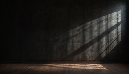 Sunlight in the dark room with shadow on the wall and wooden floor