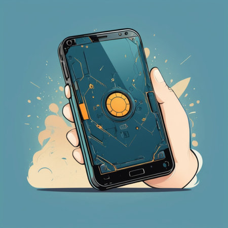Smartphone in hand. Vector illustration of a mobile phone with a circuit board.