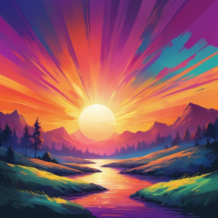 Beautiful sunset in the mountains. Digital painting. Vector illustration.の写真素材