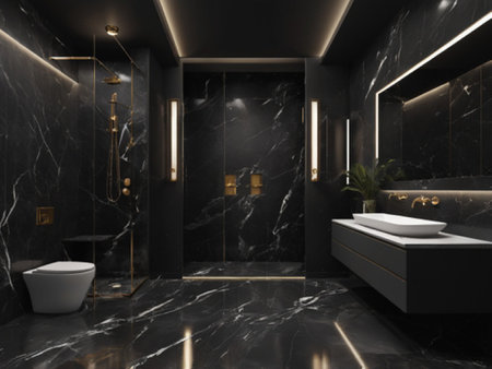 Luxury bathroom interior with black marble walls, concrete floor, black bathtub and double sink. 3d renderingの写真素材
