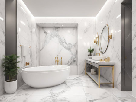 Luxury bathroom with white marble walls, tiled floor, comfortable bathtub and mirror. 3d renderingの写真素材