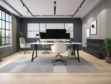 Interior of modern office with grey walls, wooden floor and rows of computer tables. 3d rendering