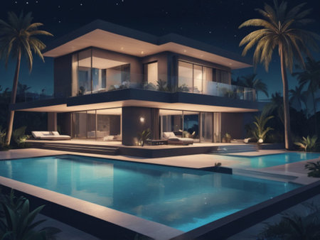 3d rendering of modern cozy house with pool and parking for sale or rent. Luxury home in the garden...