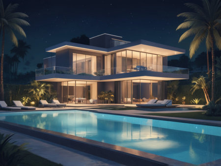 3d rendering of modern cozy house with pool and parking for sale or rent in luxurious style. Summer night with many stars on the sky.の写真素材