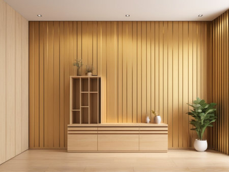 Interior of modern living room with wooden walls, tiled floor, wooden cabinet and plant. 3d renderingの写真素材