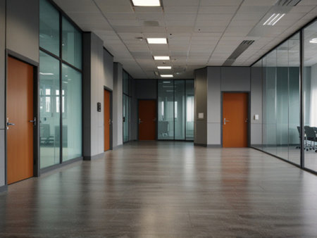 Interior of a modern office building with a row of doors.の写真素材
