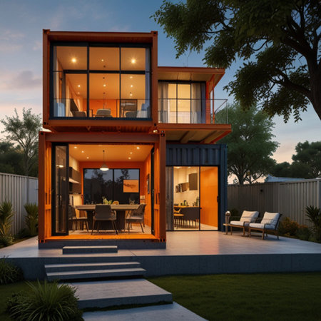 3d rendering of modern cozy house with pool and parking for sale or rent. Sunset evening with soft light from window.の写真素材