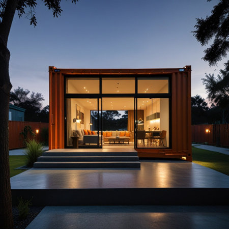 Outdoor patio with table and chair in modern house at night.の写真素材