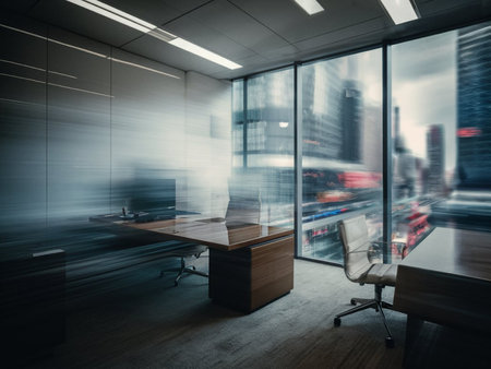 Modern office interior with panoramic window and city view. Toned imageの写真素材