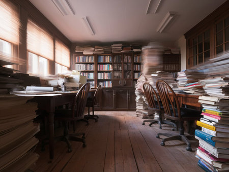 Luxury office interior with bookshelf, table and chairsの写真素材