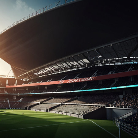 3D render of a beautiful modern football stadium with floodlights and seatsの写真素材