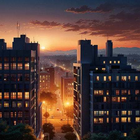 Sunset in the city with buildings and road. 3d renderingの写真素材