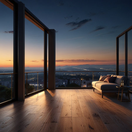 Modern bright interiors apartment with wooden flooring 3D rendering illustrationの写真素材