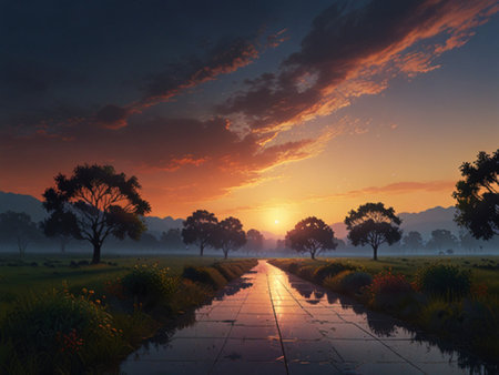 Sunset over the rice field with trees and shrubs in the foregroundの写真素材